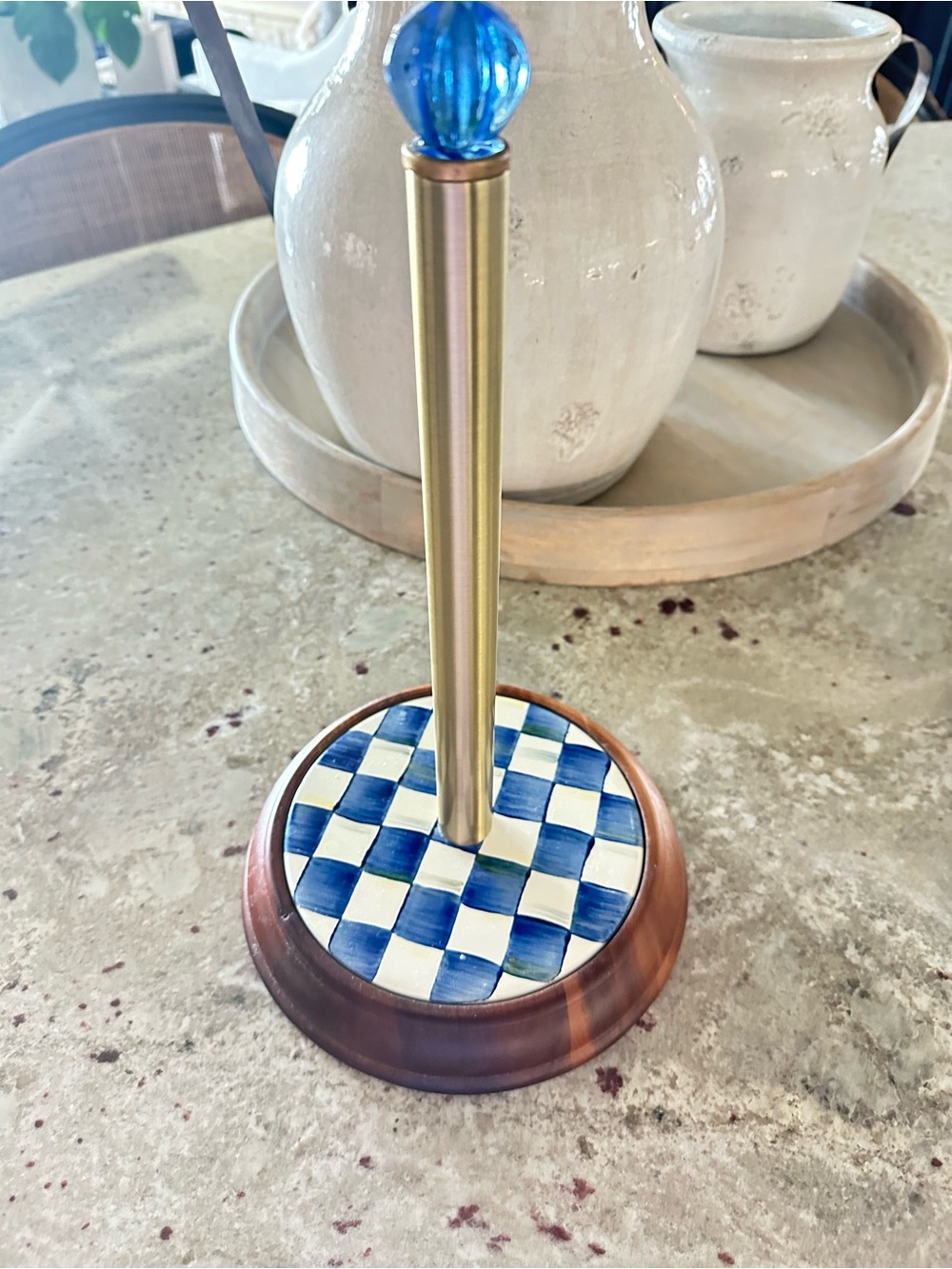 Mackenzie Childs Royal Check Ceramic & Brass Paper Towel Holder